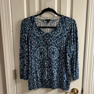 Talbots Blue Graphic Cardigan sweater with 3/4 Sleeves and Rounded Neckline
